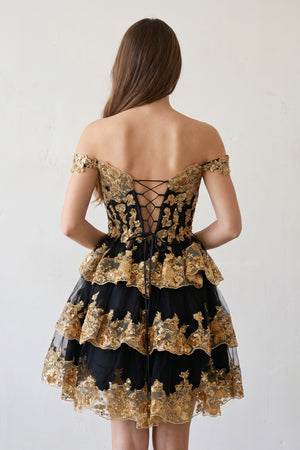 Ronda | Gold Off the Shoulder Applique Ruffle Homecoming Dress