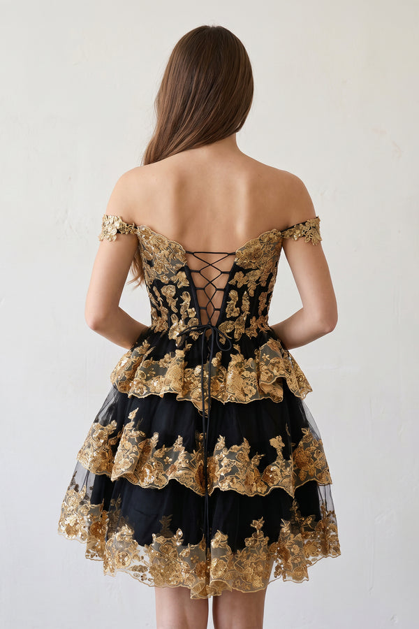 Ronda | Gold Off the Shoulder Applique Ruffle Homecoming Dress