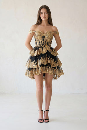 Ronda | Gold Off the Shoulder Applique Ruffle Homecoming Dress
