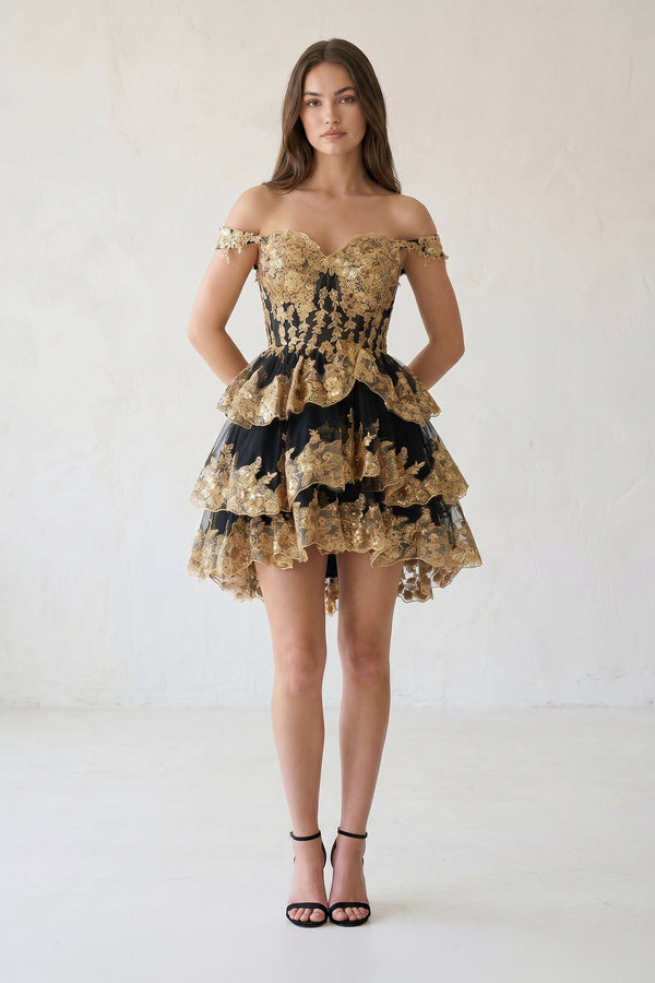 Everly | Gold Black - A-Line Sweetheart Tiered Short Homecoming Dress