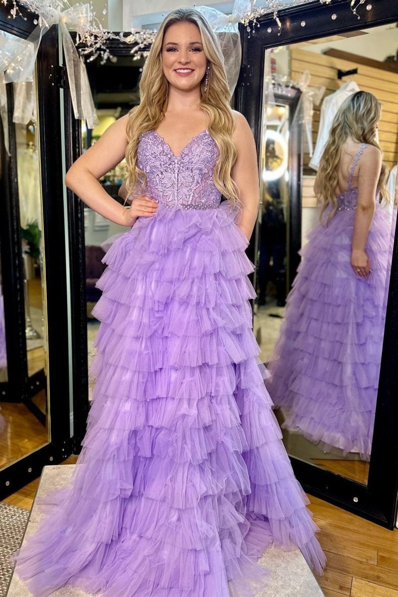 Rosaline | Lavender Appliques V - Neck Ruffle Tiered Long Prom Dress - KissProm