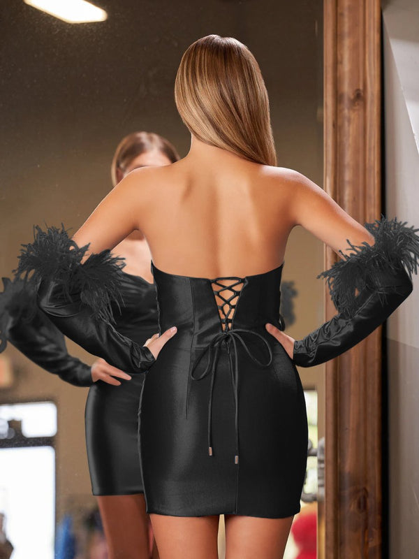 Rosalyn |Sheath Satin Strapless Fitted Homecoming Dress with Long Sleeves - KissProm