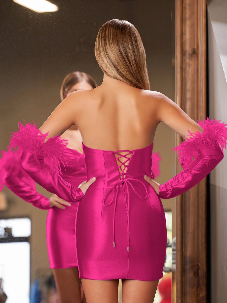 Rosalyn |Sheath Satin Strapless Fitted Homecoming Dress with Long Sleeves - KissProm