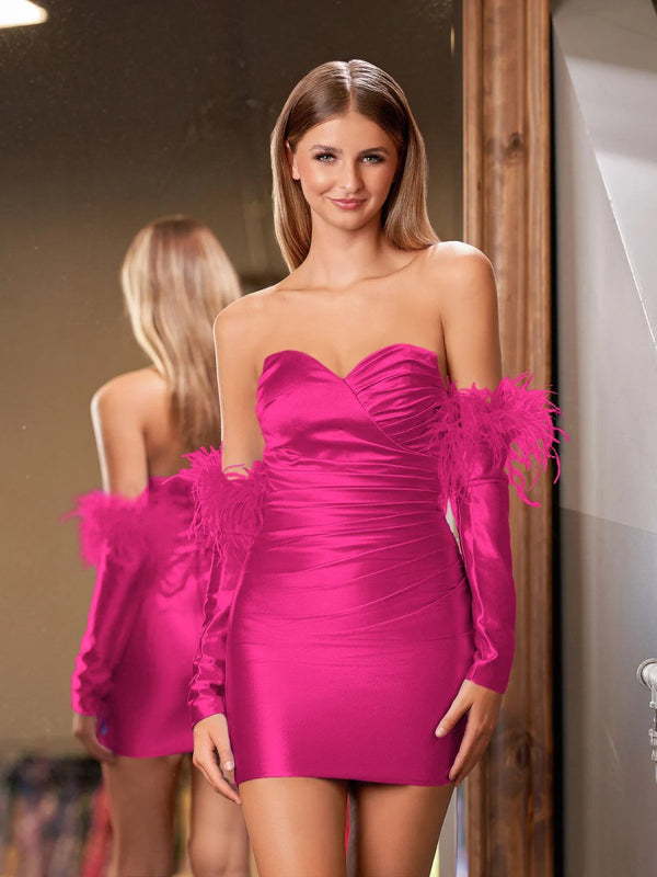 Rosalyn |Sheath Satin Strapless Fitted Homecoming Dress with Long Sleeves - KissProm