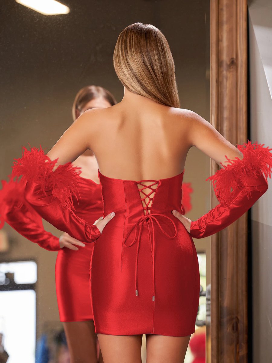 Rosalyn |Sheath Satin Strapless Fitted Homecoming Dress with Long Sleeves - KissProm