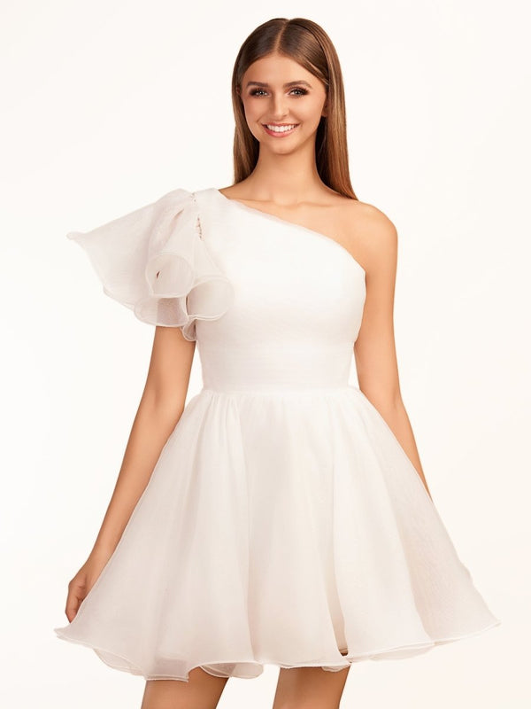 Rose | Ivory A - line One Shoulder Organza Ruffled Homecoming Dress - KissProm