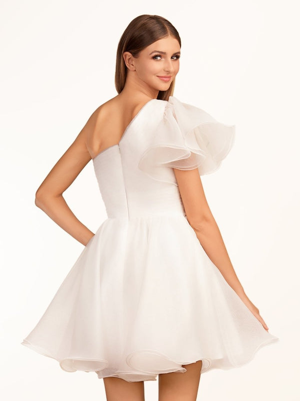 Rose | Ivory A - line One Shoulder Organza Ruffled Homecoming Dress - KissProm