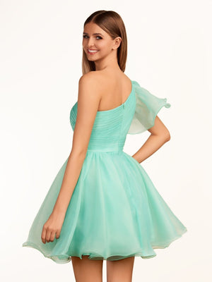 Rose | Ivory A - line One Shoulder Organza Ruffled Homecoming Dress - KissProm