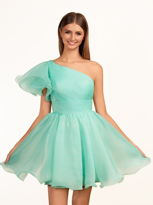 Rose | Ivory A - line One Shoulder Organza Ruffled Homecoming Dress - KissProm