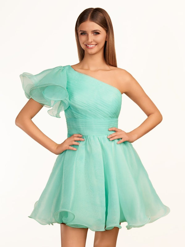 Rose | Ivory A - line One Shoulder Organza Ruffled Homecoming Dress - KissProm
