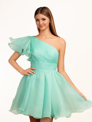 Rose | Ivory A - line One Shoulder Organza Ruffled Homecoming Dress - KissProm