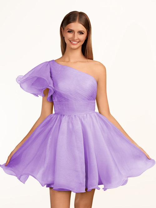 Rose | Ivory A - line One Shoulder Organza Ruffled Homecoming Dress - KissProm