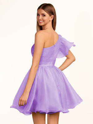 Rose | Ivory A - line One Shoulder Organza Ruffled Homecoming Dress - KissProm