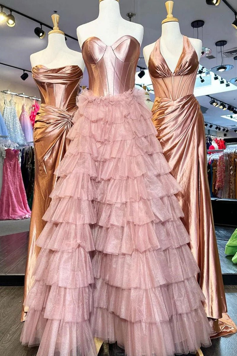 KissProm-Harmony Rose Gold A-Line Sweetheart Tiered Tulle Prom Dress with Slit