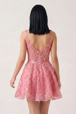 Rose Pink A-line Appliques Deep V Neck Short Homecoming Dress | KISSPROM
