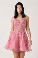 Rose Pink A-line Appliques Deep V Neck Short Homecoming Dress | KISSPROM