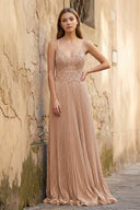 Rose Pink A - line Floor Length Glitter Jersey Prom Dress with Appliques and Sequins - KissProm