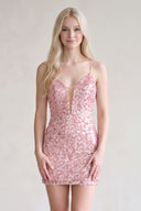 Rose Pink Bodycon Deep V Neck Sequins Mini Homecoming Dresses | KISSPROM
