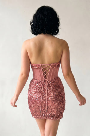 Rose Pink Bodycon Sparkly Strapless Sequins Mini Party Dresses (2) | KISSPROM