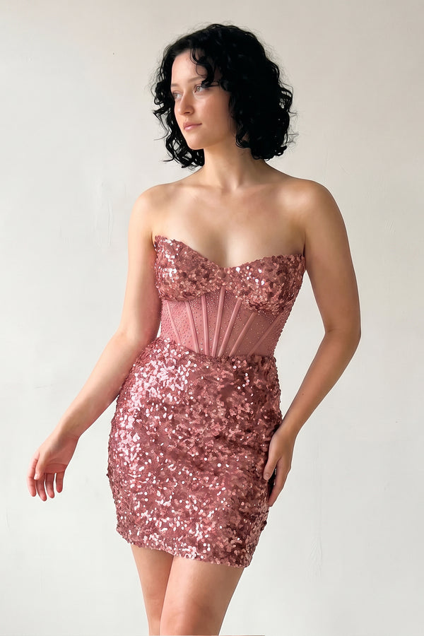 Rose Pink Bodycon Sparkly Strapless Sequins Mini Party Dresses | KISSPROM