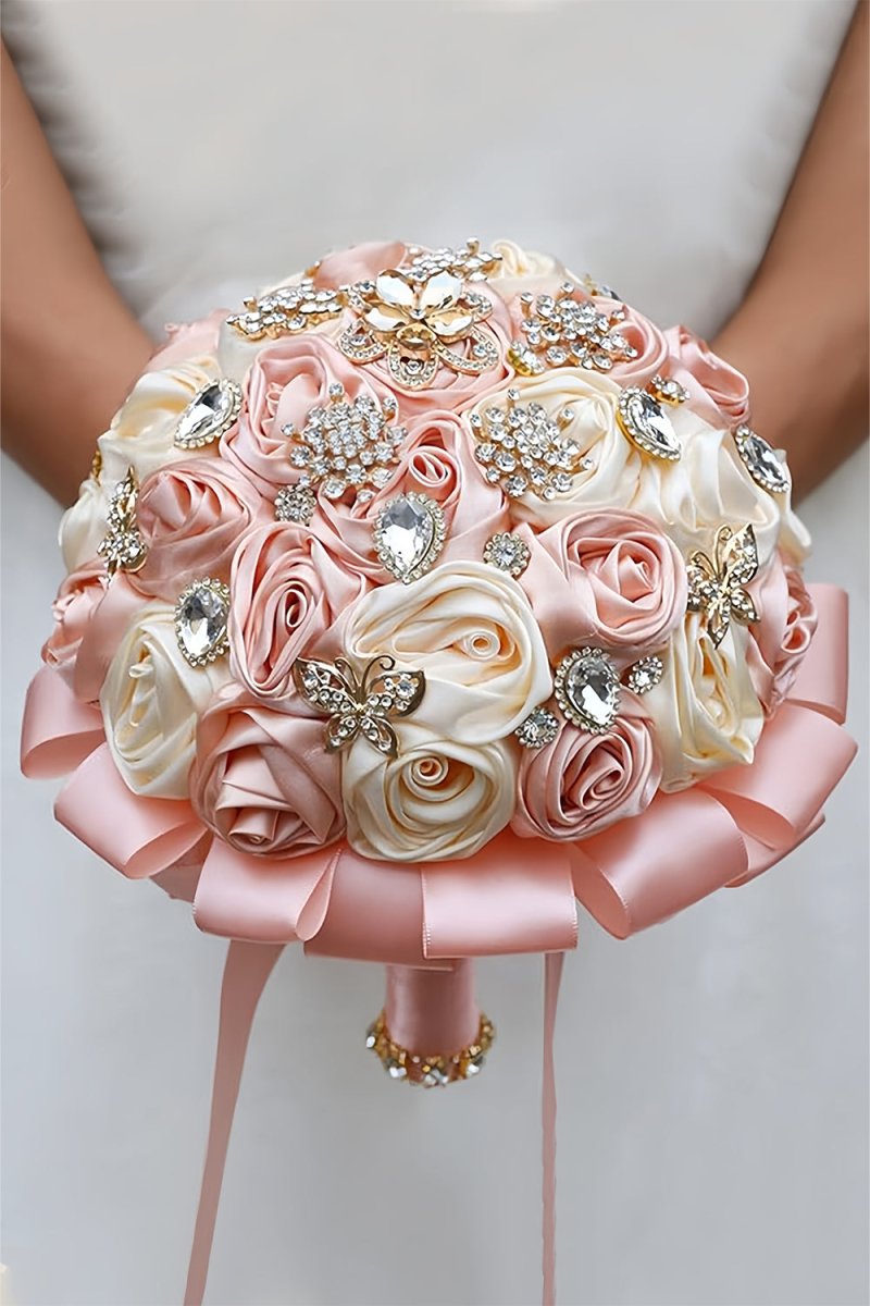 Rose Pink Satin Ribbon Cascade Wedding Flower Bouquets with Rhinestones - KissProm
