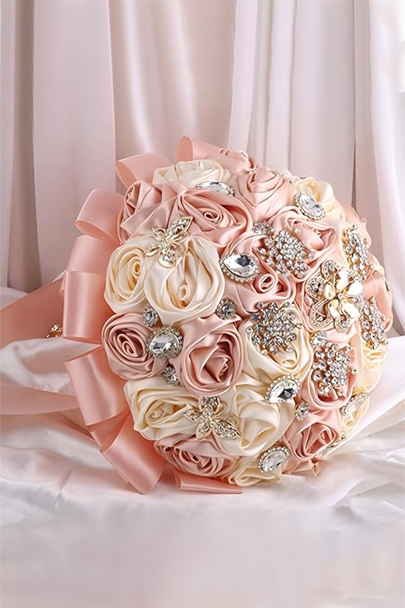 Rose Pink Satin Ribbon Cascade Wedding Flower Bouquets with Rhinestones - KissProm