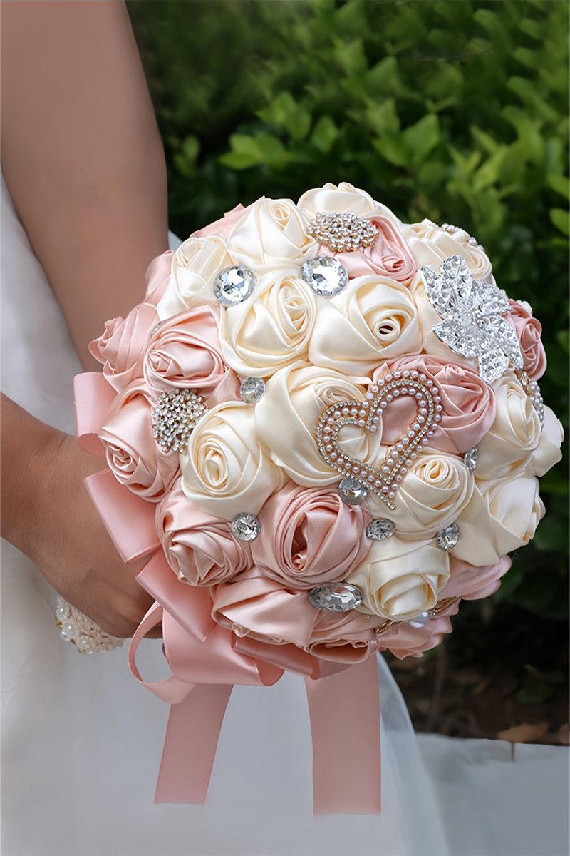Rose Pink Satin Ribbon Cascade Wedding Flower Bouquets with Rhinestones - KissProm