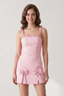 Rose Pink Spaghetti Straps Beaded Sheath Homecoming Dress With Bows | KISSPROM