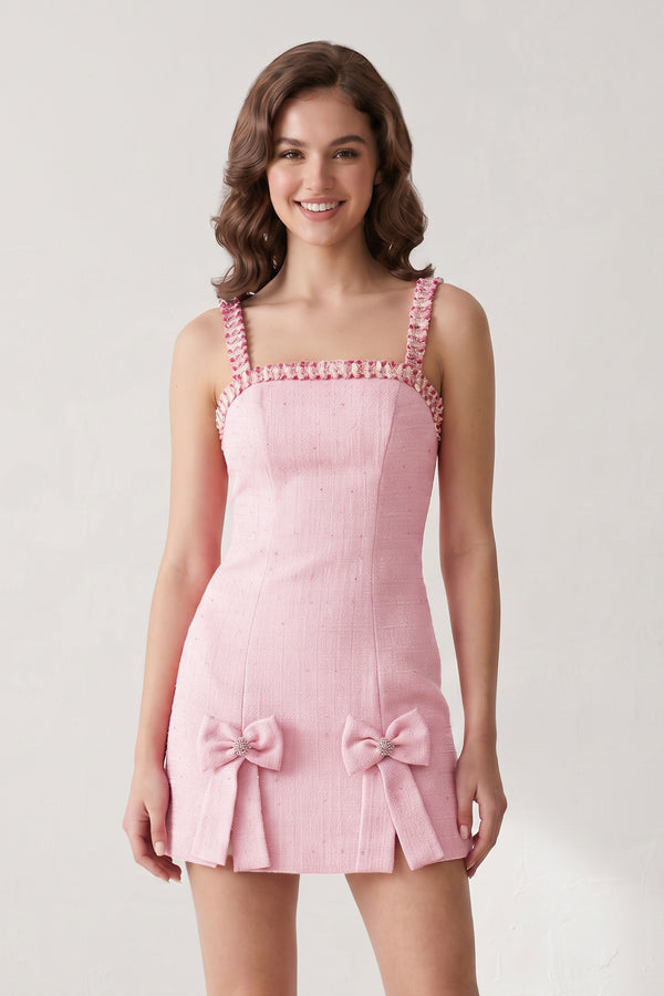 Rose Pink Spaghetti Straps Beaded Sheath Homecoming Dress With Bows | KISSPROM