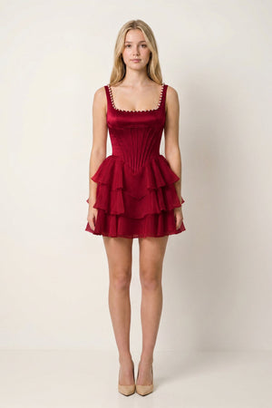 Burgundy Square Neck Tiered A-Line Corset Satin Homecoming Dress With Pearl | KISSPROM