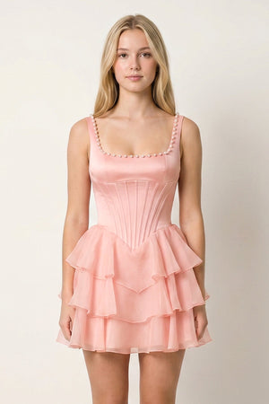 Rose Pink Square Neck Tiered A-Line Corset Satin Homecoming Dress With Pearl | KISSPROM