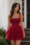Burgundy Square Neck Tiered A-Line Corset Satin Homecoming Dress With Pearl | KISSPROM
