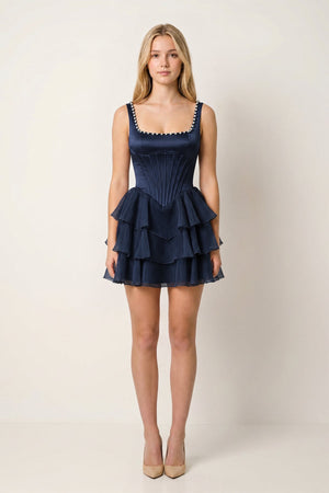 Navy Blue Square Neck Tiered A-Line Corset Satin Homecoming Dress With Pearl | KISSPROM