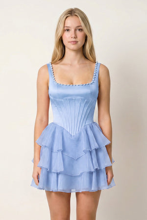 Periwinkle Square Neck Tiered A-Line Corset Satin Homecoming Dress With Pearl | KISSPROM