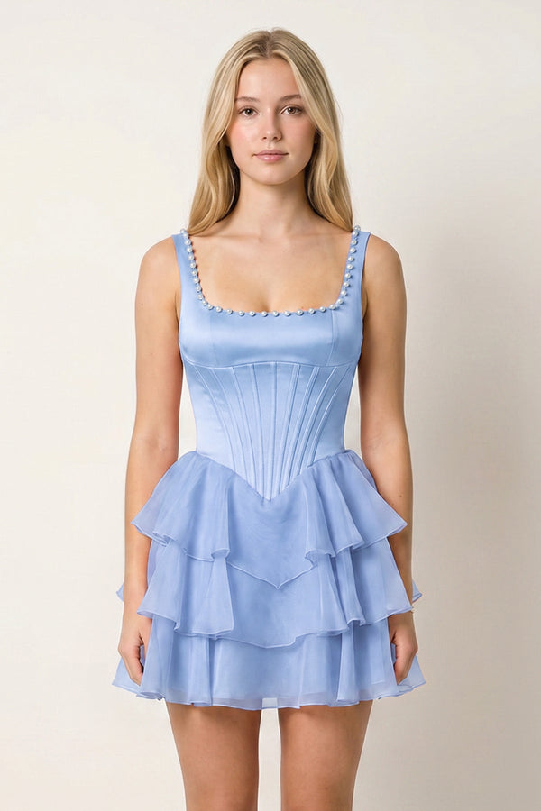 Periwinkle Square Neck Tiered A-Line Corset Satin Homecoming Dress With Pearl | KISSPROM