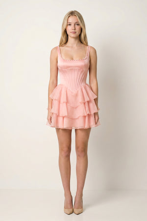 Rose Pink Square Neck Tiered A-Line Corset Satin Homecoming Dress With Pearl | KISSPROM