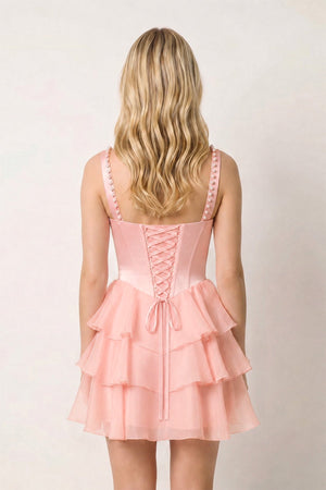Rose Pink Square Neck Tiered A-Line Corset Satin Homecoming Dress With Pearl | KISSPROM