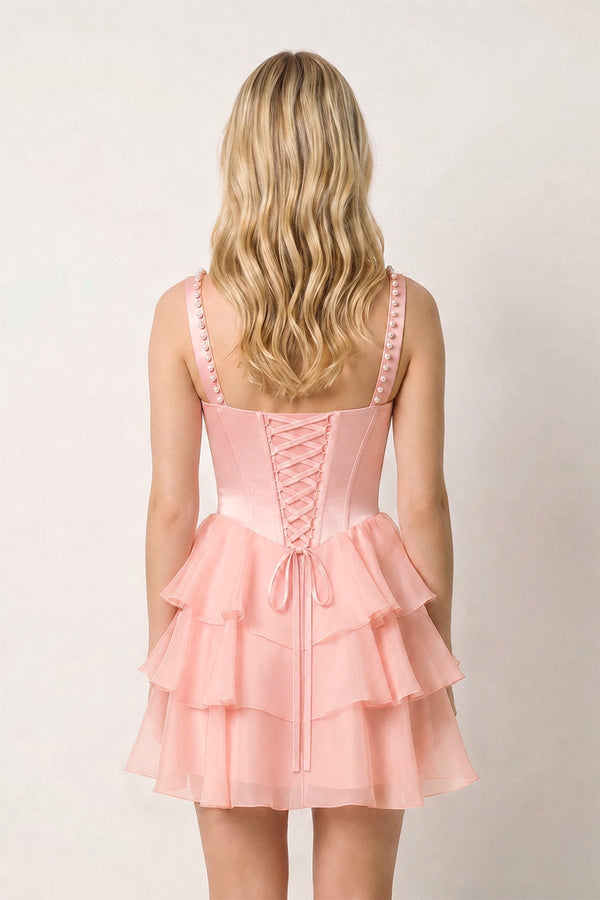 Rose Pink Square Neck Tiered A-Line Corset Satin Homecoming Dress With Pearl | KISSPROM