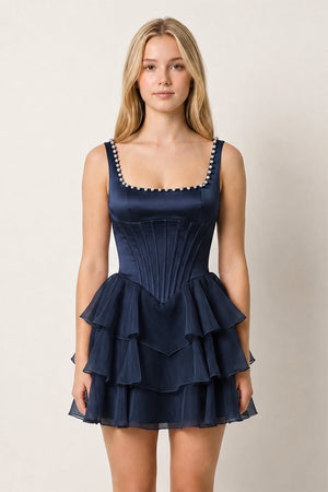 Navy Blue Square Neck Tiered A-Line Corset Satin Homecoming Dress With Pearl | KISSPROM