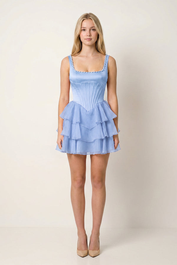 Periwinkle Square Neck Tiered A-Line Corset Satin Homecoming Dress With Pearl | KISSPROM
