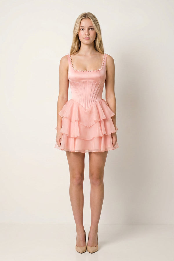 Rose Pink Square Neck Tiered A-Line Corset Satin Homecoming Dress With Pearl | KISSPROM