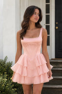 Rose Pink Square Neck Tiered A-Line Corset Satin Homecoming Dress With Pearl | KISSPROM