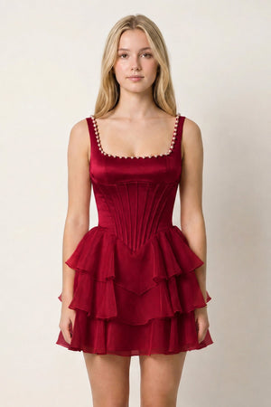 Burgundy Square Neck Tiered A-Line Corset Satin Homecoming Dress With Pearl | KISSPROM
