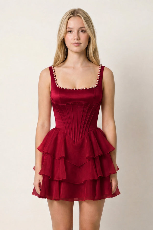 Burgundy Square Neck Tiered A-Line Corset Satin Homecoming Dress With Pearl | KISSPROM