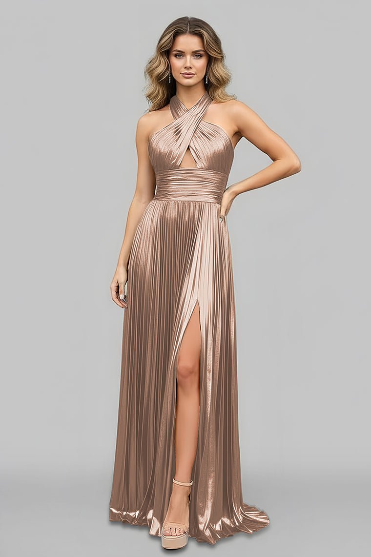 Peacock Blue Halter Neck A - Line Long Prom Dress With Split - KissProm