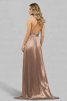 Peacock Blue Halter Neck A - Line Long Prom Dress With Split - KissProm