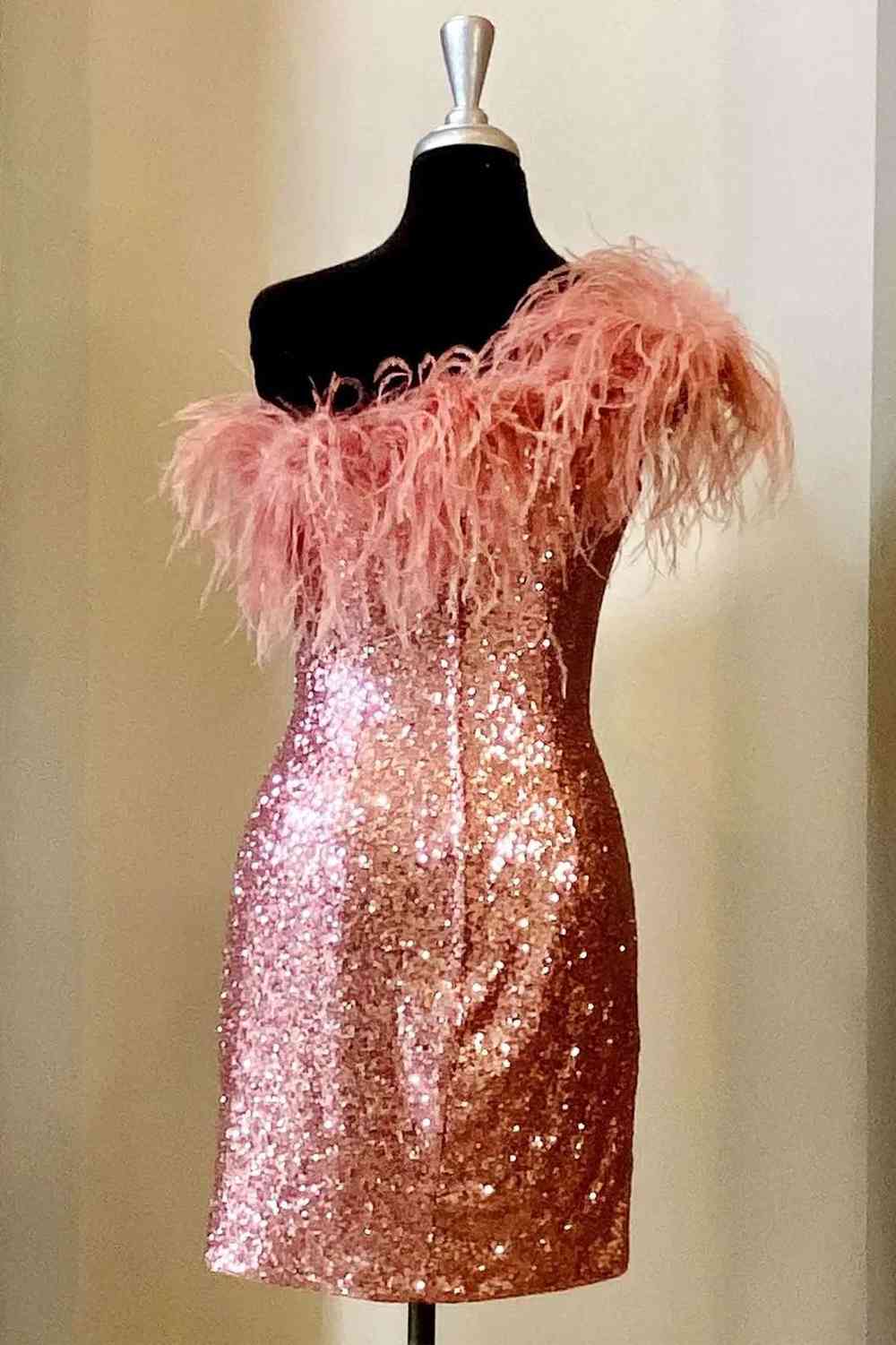Farrah |Sheath Sequin Homecoming Dress with Feather