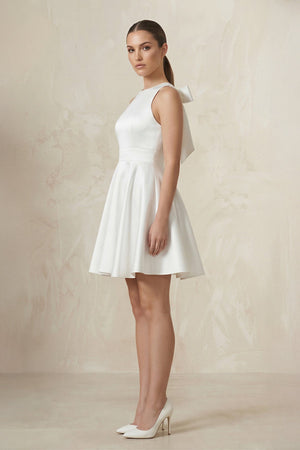 Round Neck Satin A - Line Ruched Wedding Dress in White - KissProm Wedding Dresses