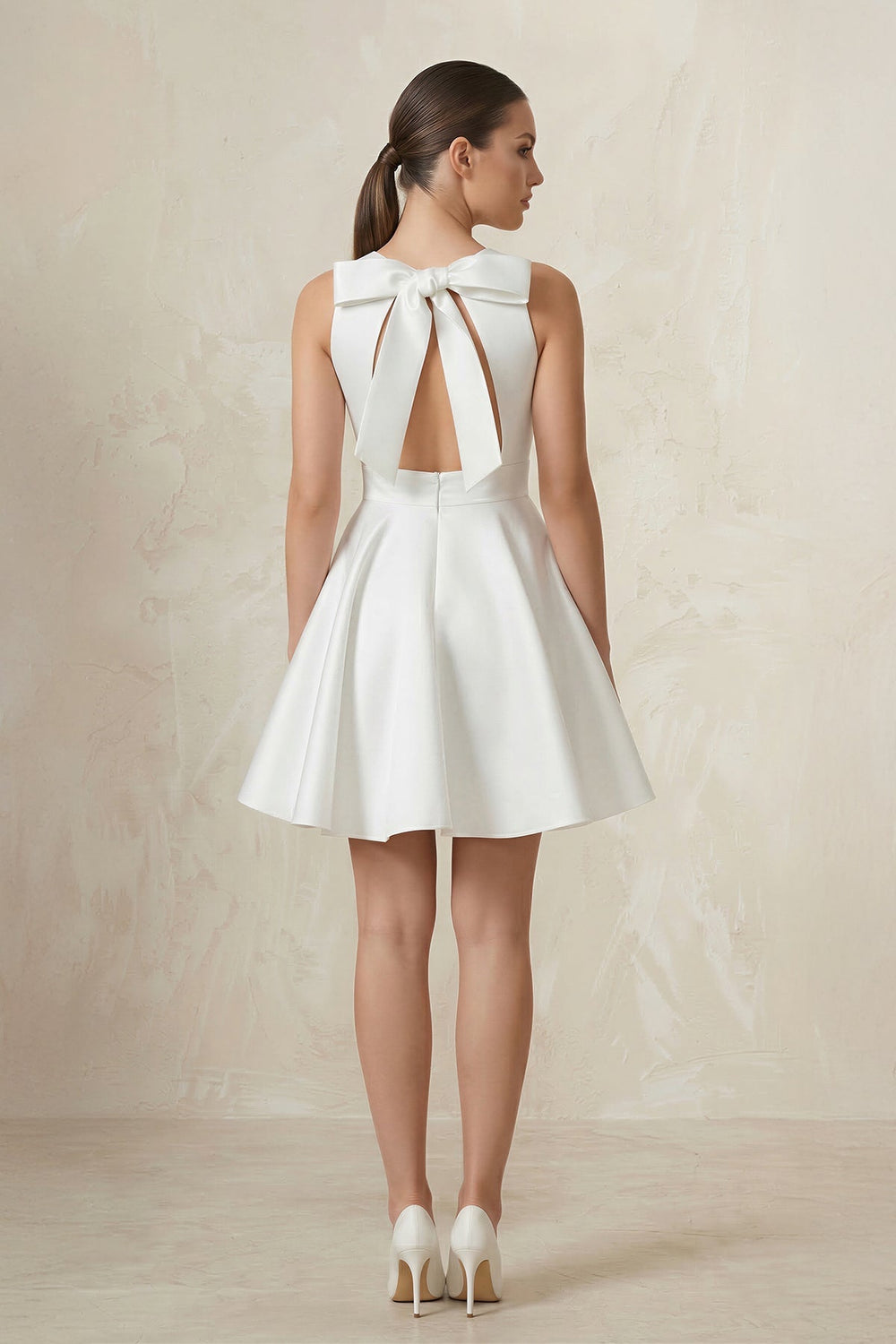 Round Neck Satin A - Line Ruched Wedding Dress in White - KissProm Wedding Dresses