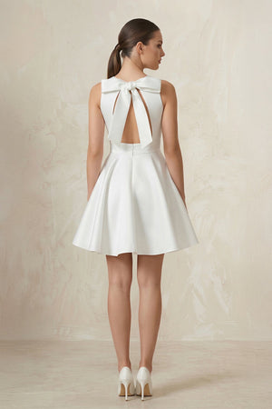 Round Neck Satin A - Line Ruched Wedding Dress in White - KissProm Wedding Dresses
